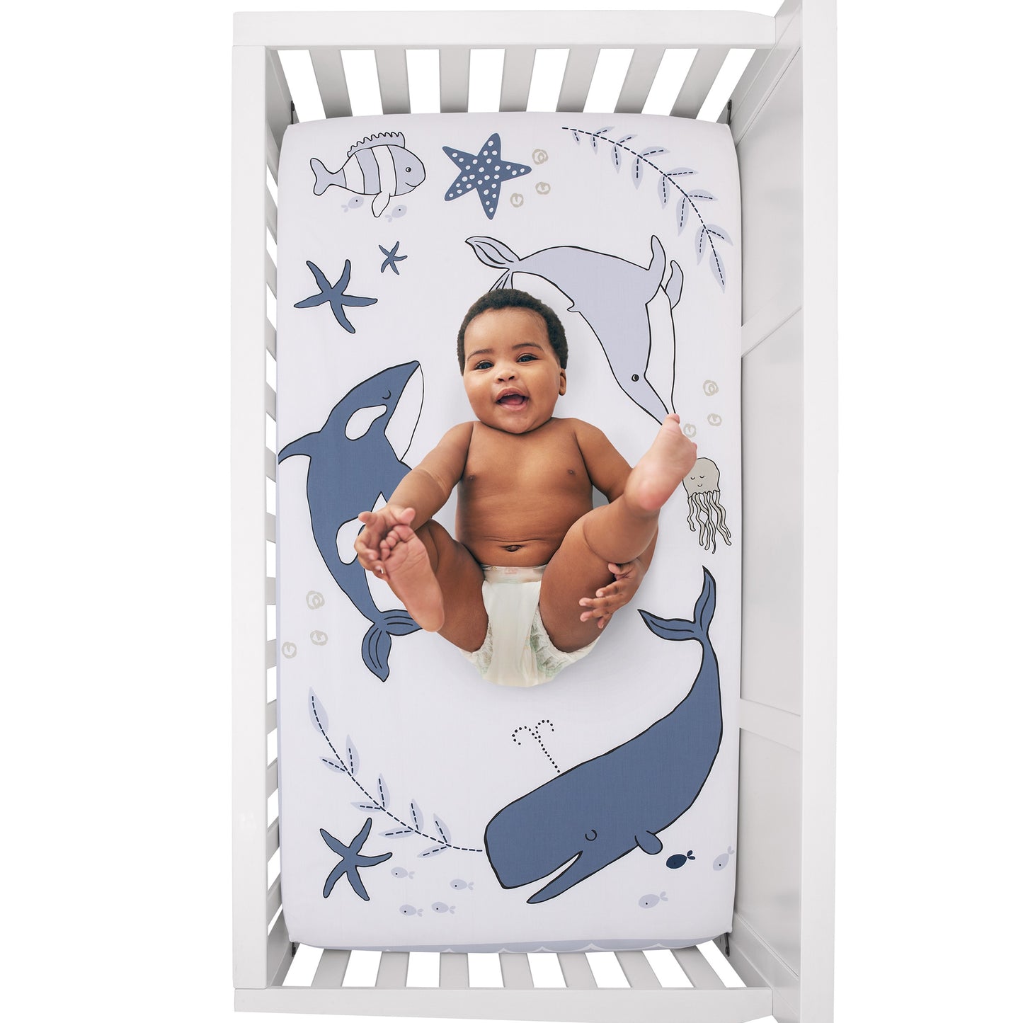NoJo Marine Navy, Light Blue, and White Ocean Friends 100% Cotton Nursery Photo Op Fitted Crib Sheet