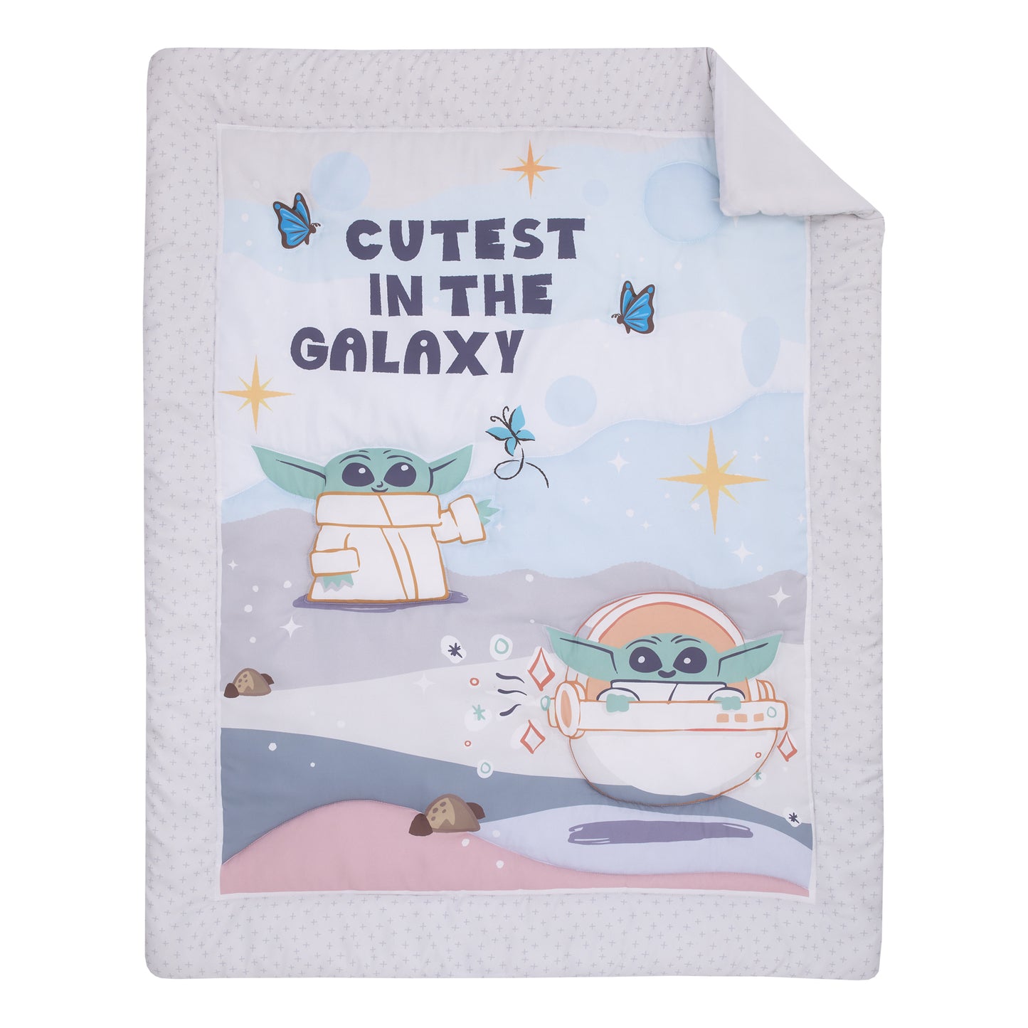 Star Wars Grogu Cutest in the Galaxy Cream, Green, and White 3 Piece Nursery Crib Bedding Set - Comforter, Fitted Crib Sheet, and Crib Skirt
