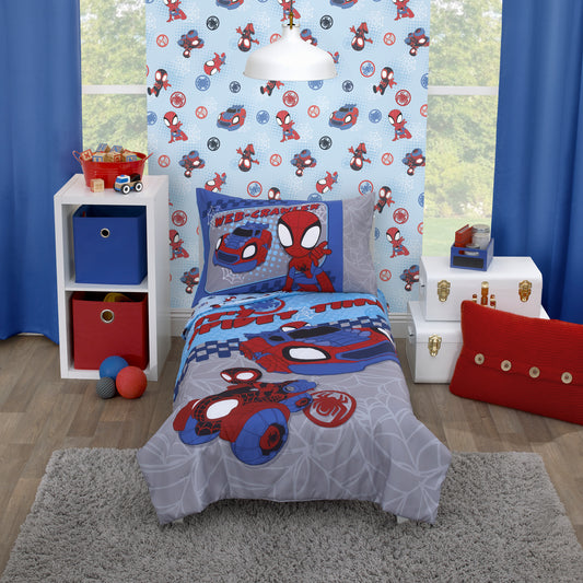 Marvel Spiderman Spidey and his Amazing Friends Spidey Time Red, Blue, and Grey 4 Piece Toddler Bed Set - Comforter, Fitted Bottom Sheet, Flat Top Sheet, and Reversible Pillowcase