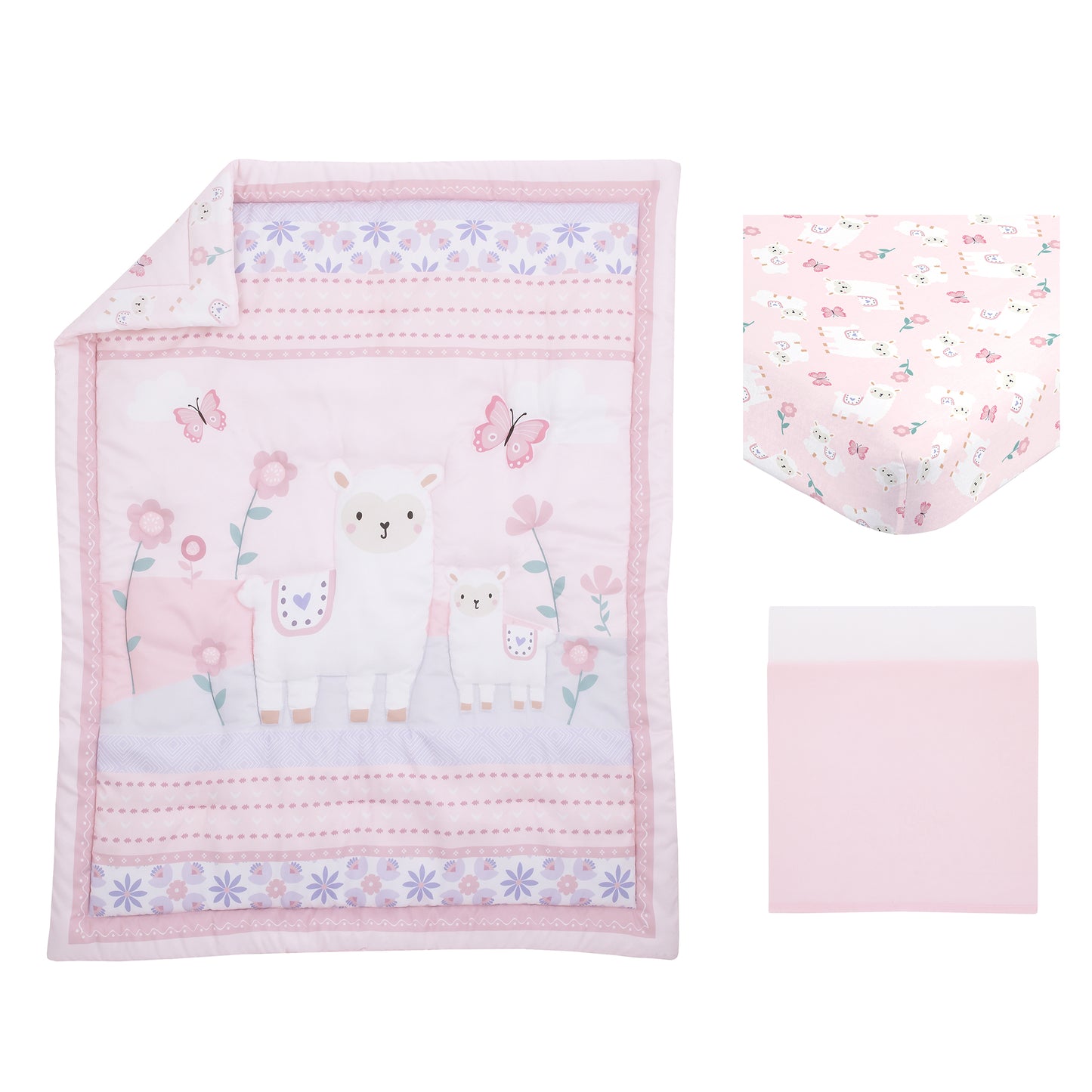 Little Love by NoJo Sweet Llama and Butterflies Floral Pink and Purple 3 Piece Crib Bedding Set - Comforter, Crib Sheet and Dust Ruffle