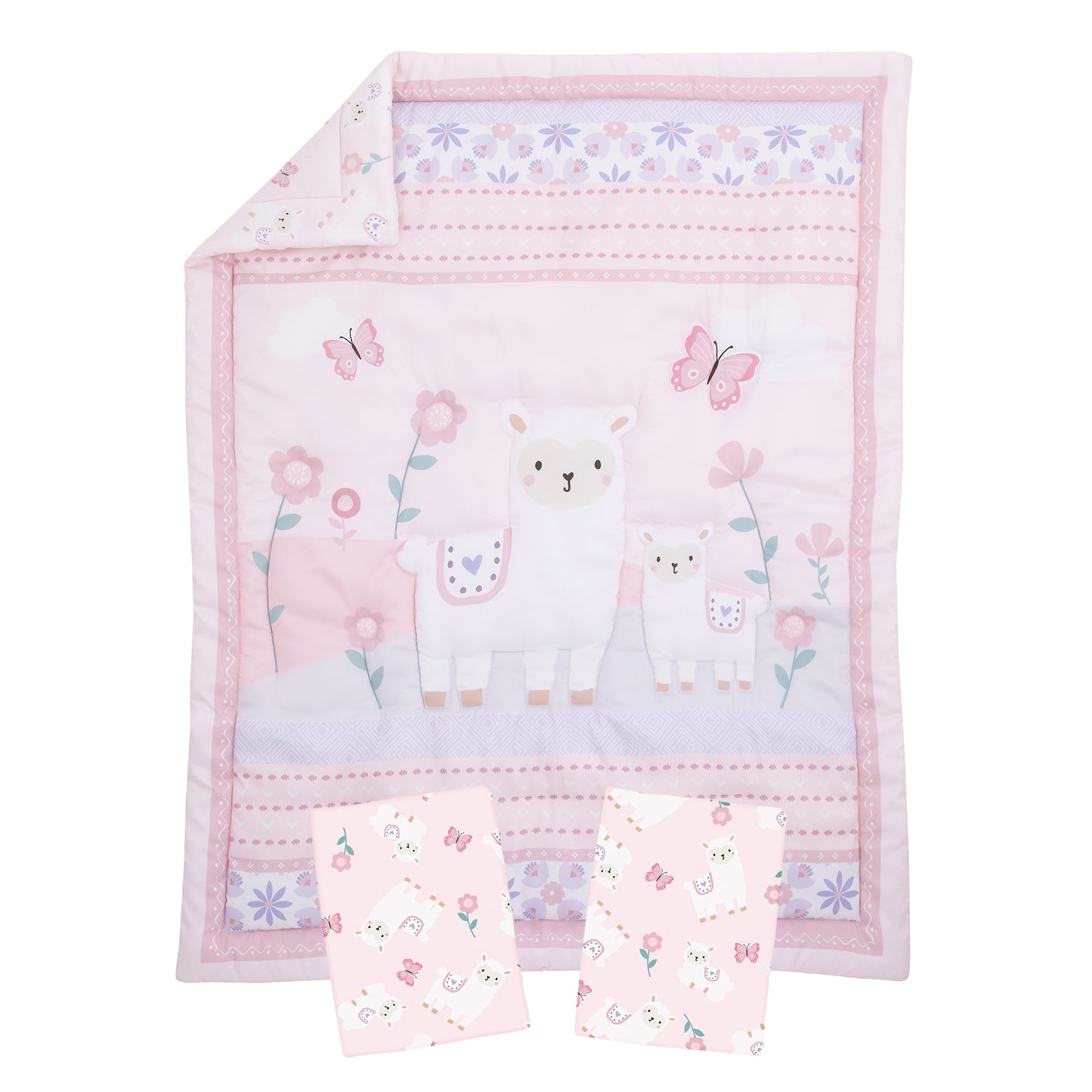 Little Love by NoJo Sweet Llama and Butterflies Floral Pink and Purple 3 Piece Mini Crib Bedding Set - Comforter and 2 Mini Crib Sheets