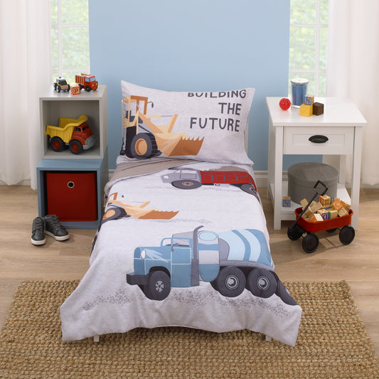 Everything Kids Trucks Gray, Red, Blue, and Yellow Building The Future 4 Piece Toddler Bed Set - Comforter, Fitted Bottom Sheet, Flat Top Sheet, and Reversible Pillowcase