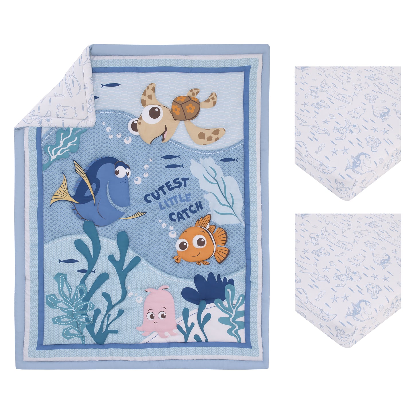 Disney Finding Nemo Cutest Little Catch Light Blue, Orange, and Navy 3 Piece Nursery Mini Crib Bedding Set - Comforter, and Two Fitted Mini Crib Sheets