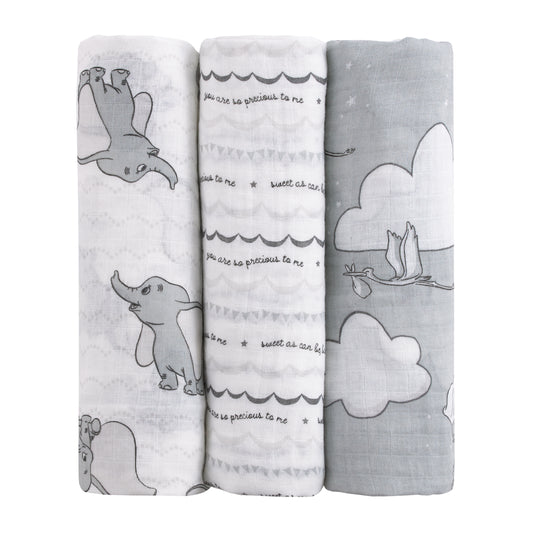 Disney Dumbo Gray and White 3 Piece Muslin Swaddle Baby Blanket Set