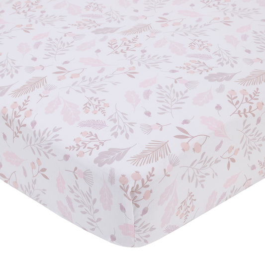 NoJo Sweet Bunny Floral Leaf Pink, White, and Taupe 100% Cotton Nursery Fitted Crib Sheet