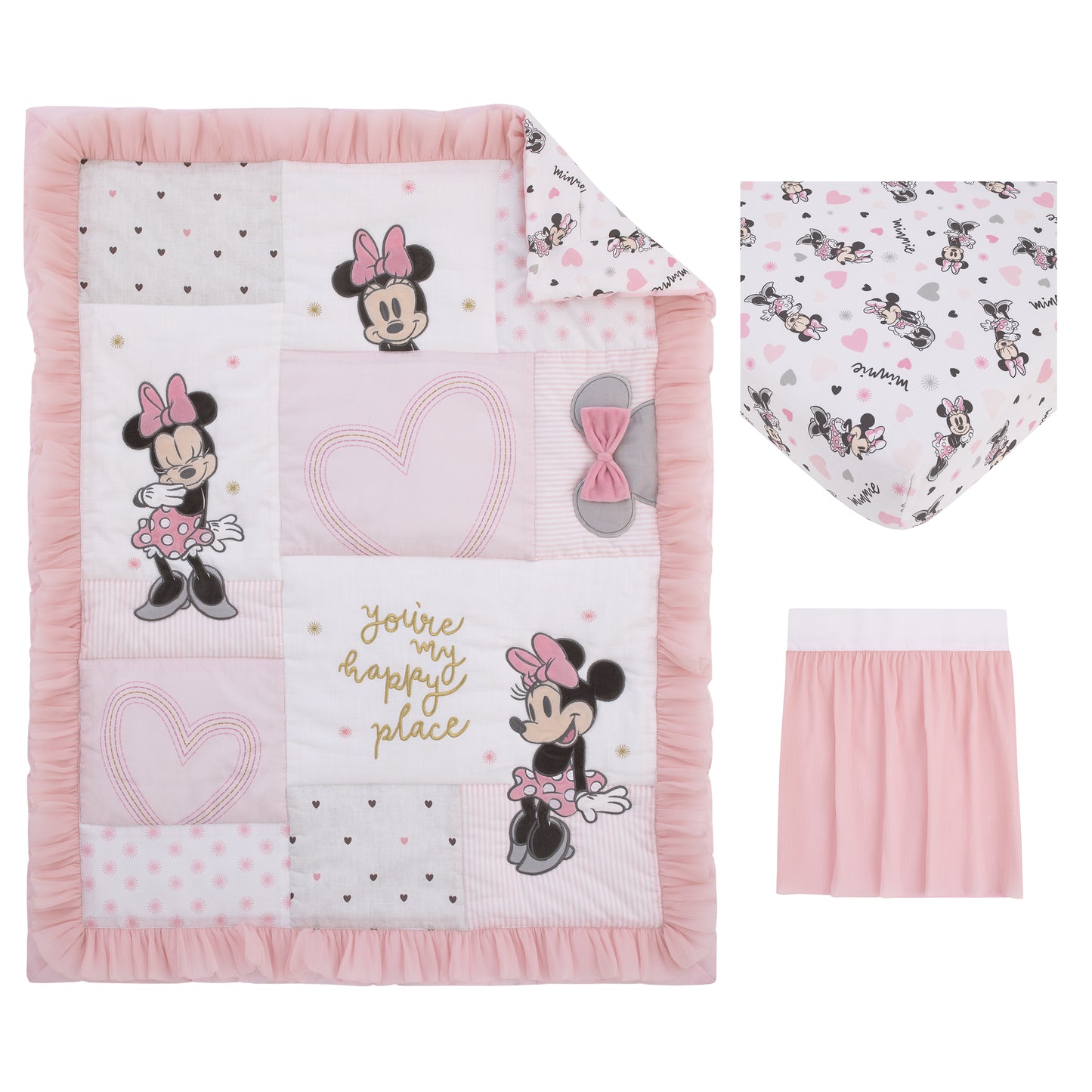 Disney Minnie Mouse My Happy Place Pink, Black, Gray, and White 3 Piece Nursery Crib Bedding Set - Comforter, 100% Cotton Fitted Crib Sheet, and Crib Skirt