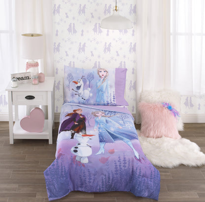 Disney Frozen 2 Lavender, Light Blue and Purple Forest Spirit 4 Piece Toddler Bed Set - Comforter, Fitted Bottom Sheet, Flat Top Sheet, Reversible Pillowcase
