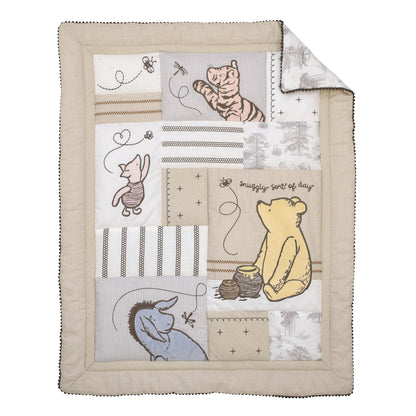 Disney Classic Pooh Hunny Fun with Piglet and Eeyore The Hundred Acre Woods Taupe 3 Piece Nursery Crib Bedding Set - Comforter, 100% Cotton Fitted Crib Sheet, and Crib Skirt