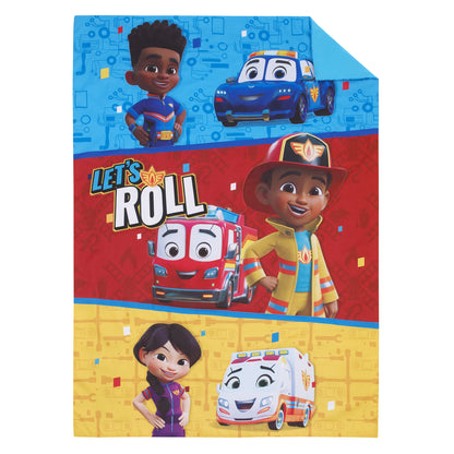 Disney Firebuds Let's Roll Red, Blue, and Yellow First Responders 4 Piece Toddler Bed Set - Comforter, Fitted Bottom Sheet, Flat Top Sheet, and Reversible Pillowcase