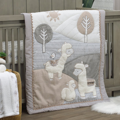 NoJo Mama's Little Llama Grey, White and Charcoal 4 Piece Nursery Crib Bedding Set - Comforter, Crib Sheet, Dust Ruffle and Nursery Organizer