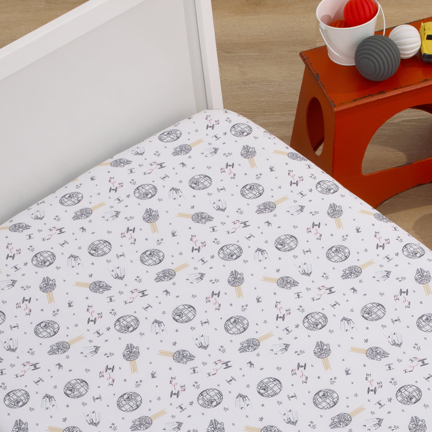 Star Wars May The Force Be With You White and Gold Millennium Falcon and Death Star Nursery Fitted Crib Sheet