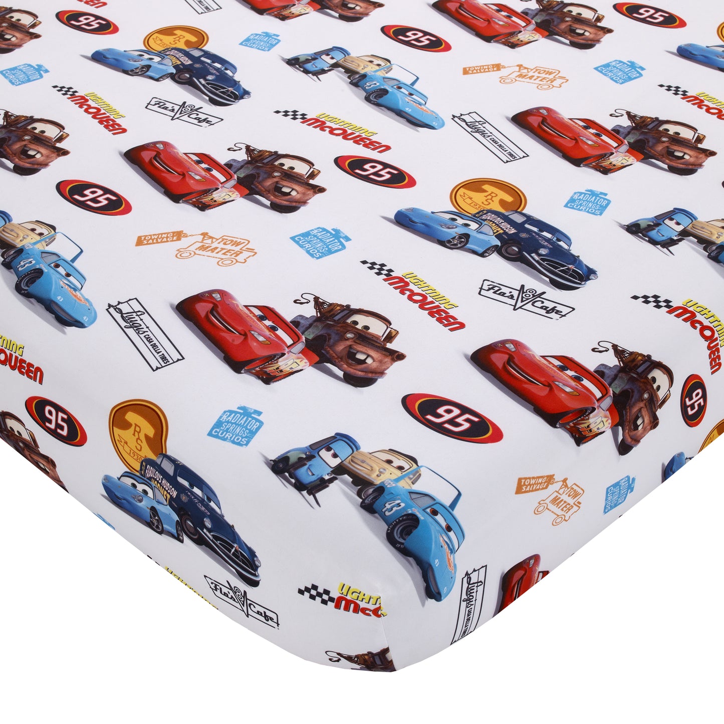 Disney Cars Radiator Springs White, Blue, and Red Lightning McQueen and Tow-Mater 4 Piece Toddler Bed Set - Comforter, Fitted Bottom Sheet, Flat Top Sheet and Reversible Pillowcase