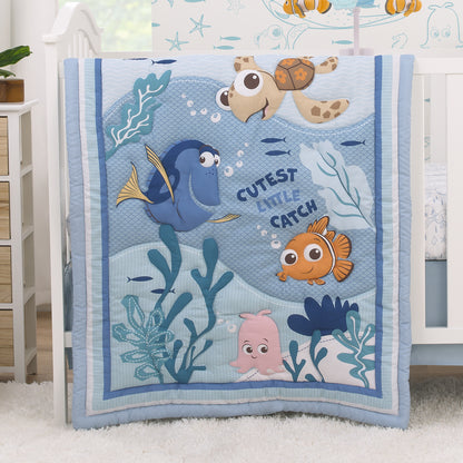 Disney Finding Nemo Cutest Little Catch Light Blue, Orange, and Navy 3 Piece Nursery Mini Crib Bedding Set - Comforter, and Two Fitted Mini Crib Sheets
