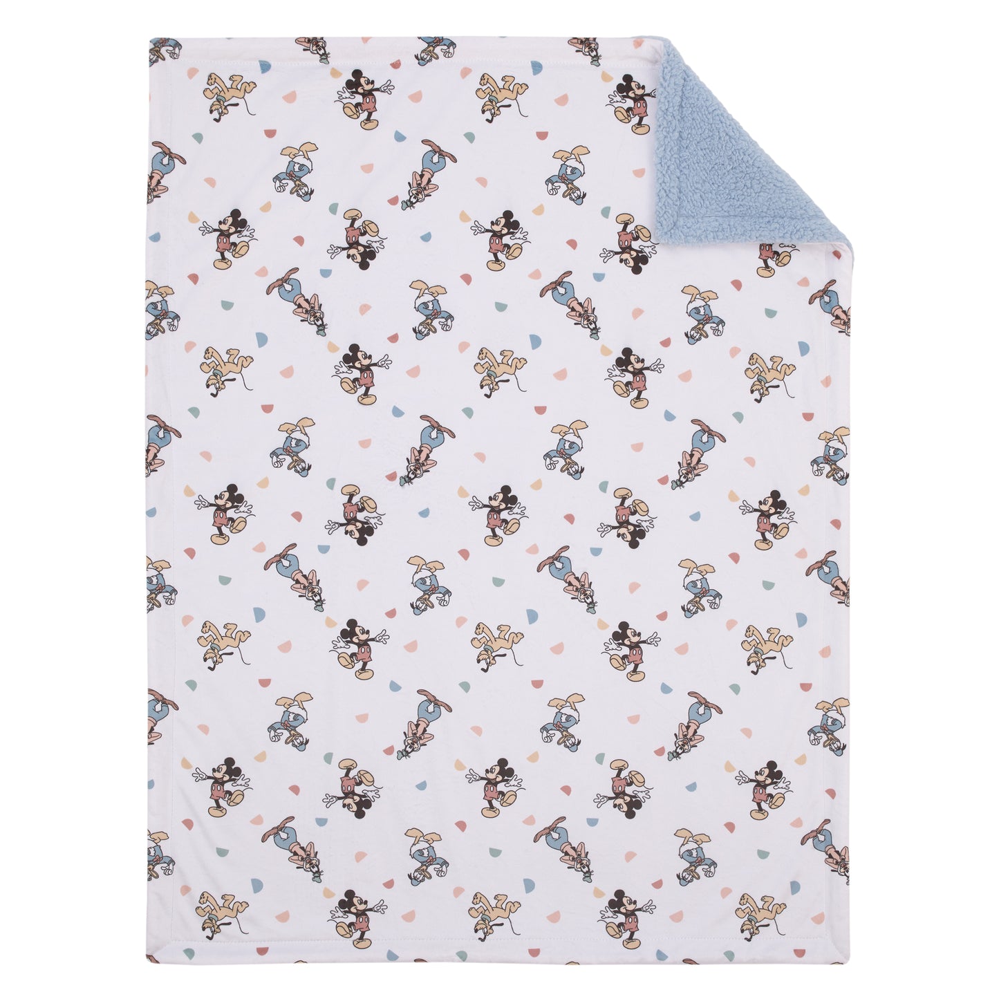 Disney Mickey Mouse Light Blue, White, and Tan Super Soft Sherpa Baby Blanket with Donald Duck, Goofy and Pluto