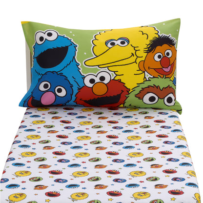 Sesame Street Come and Play Blue, Green, Red and Yellow, Elmo, Big Bird, Cookie Monster, Grover and Oscar the Grouch 2 Piece Toddler Sheet Set - Fitted Bottom Sheet and Reversible Pillowcase