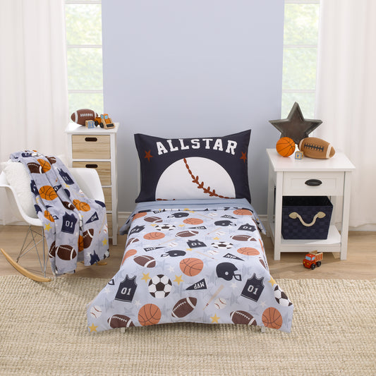 Everything Kids Sports Gray, Navy, Orange, and Brown Allstar 4 Piece Toddler Bed Set - Comforter, Fitted Bottom Sheet, Flat Top Sheet, and Reversible Pillowcase