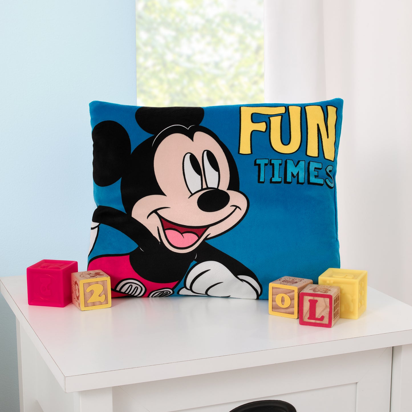 Disney Mickey Mouse Funhouse Crew Blue, Red, Black, and Yellow "Fun Times" Super Soft Toddler Pillow