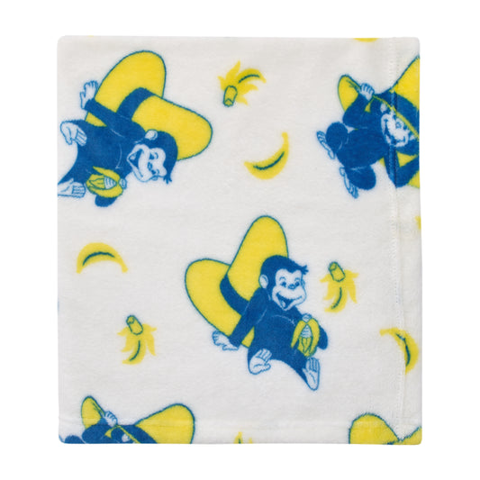 Welcome to the Universe Baby Curious George White, Navy and Yellow Hat and Bananas Super Soft Baby Blanket