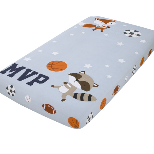 NoJo Team All Star Light Blue, Grey, and Orange, MVP Fox and Raccoon Sports Theme with White Stars Photo Op 100% Cotton Fitted Crib Sheet