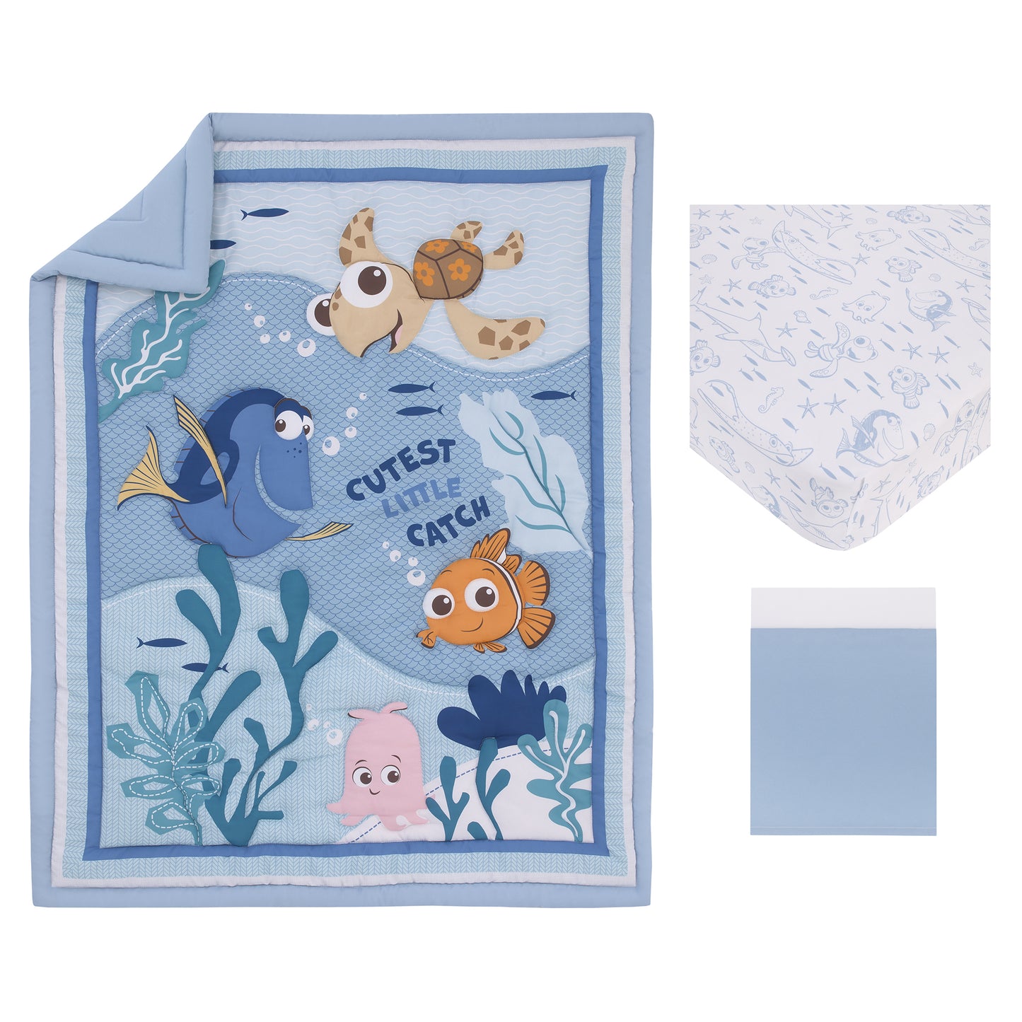 Disney Finding Nemo Cutest Little Catch Light Blue, Orange, and Navy 3 Piece Nursery Crib Bedding Set - Comforter, Fitted Crib Sheet, and Crib Skirt