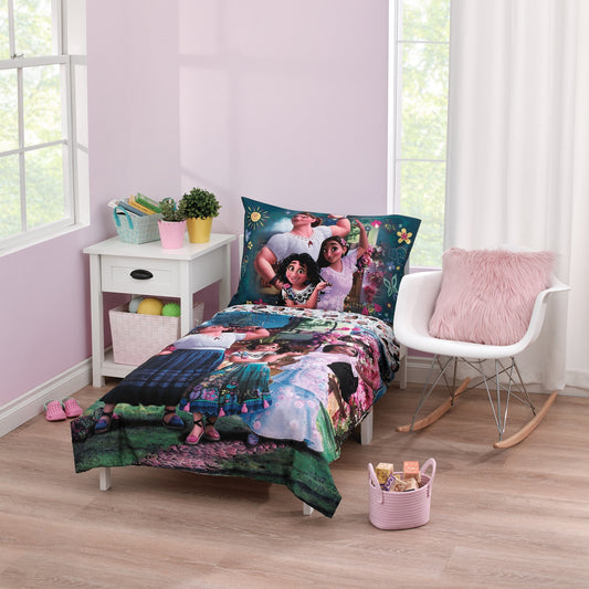 Disney Encanto Power Trio Purple and Teal 4 Piece Toddler Bed Set - Comforter, Fitted Bottom Sheet, Flat Top Sheet, and Reversible Pillowcase