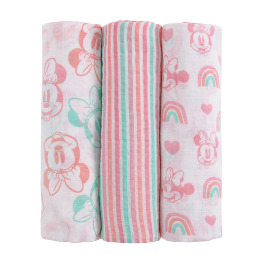 Disney Minnie Mouse Pink, Aqua, and White 3 Piece Muslin Swaddle Baby Blanket Set