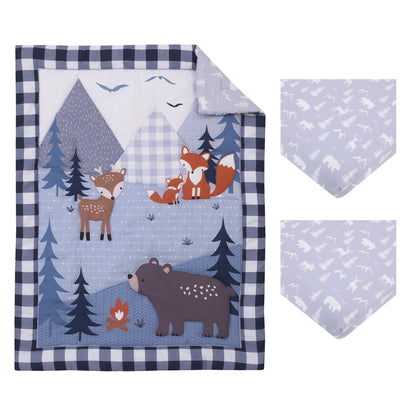 Little Love by NoJo National Park Navy Buffalo Check, Gray, Blue, and Brown Camping Bear, Deer, and Fox 3 Piece Mini Crib Bedding Set - Comforter, and Two Fitted Mini Crib Sheets