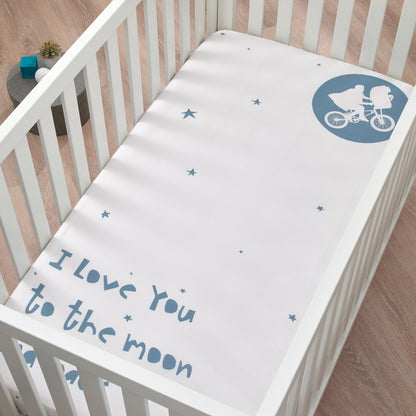 Welcome to the Universe Baby E.T. White with Blue Stars I Love You to the Moon and Back Photo-Op Nursery Fitted Crib Sheet