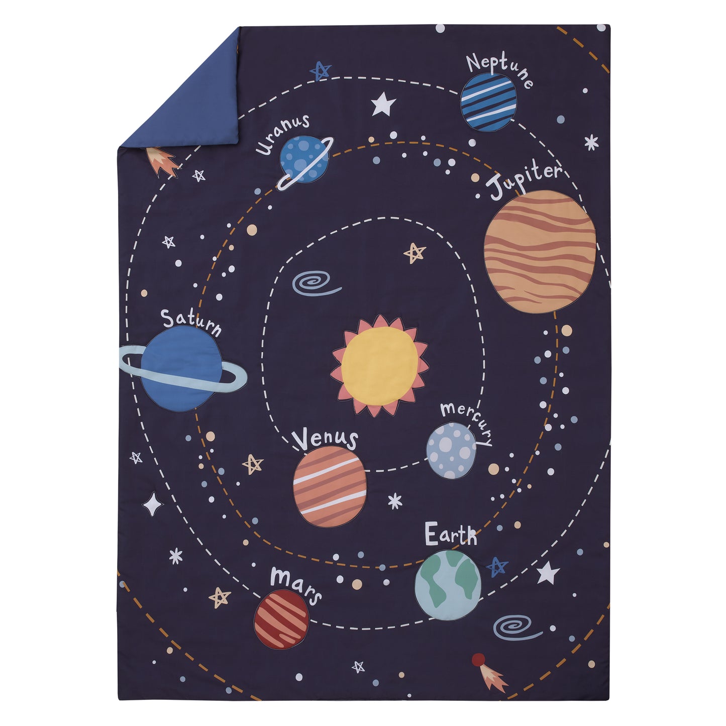 Everything Kids Solar System Navy, Orange, and Yellow Blast Off 4 Piece Toddler Bed Set - Comforter, Fitted Bottom Sheet, Flat Top Sheet, and Reversible Pillowcase