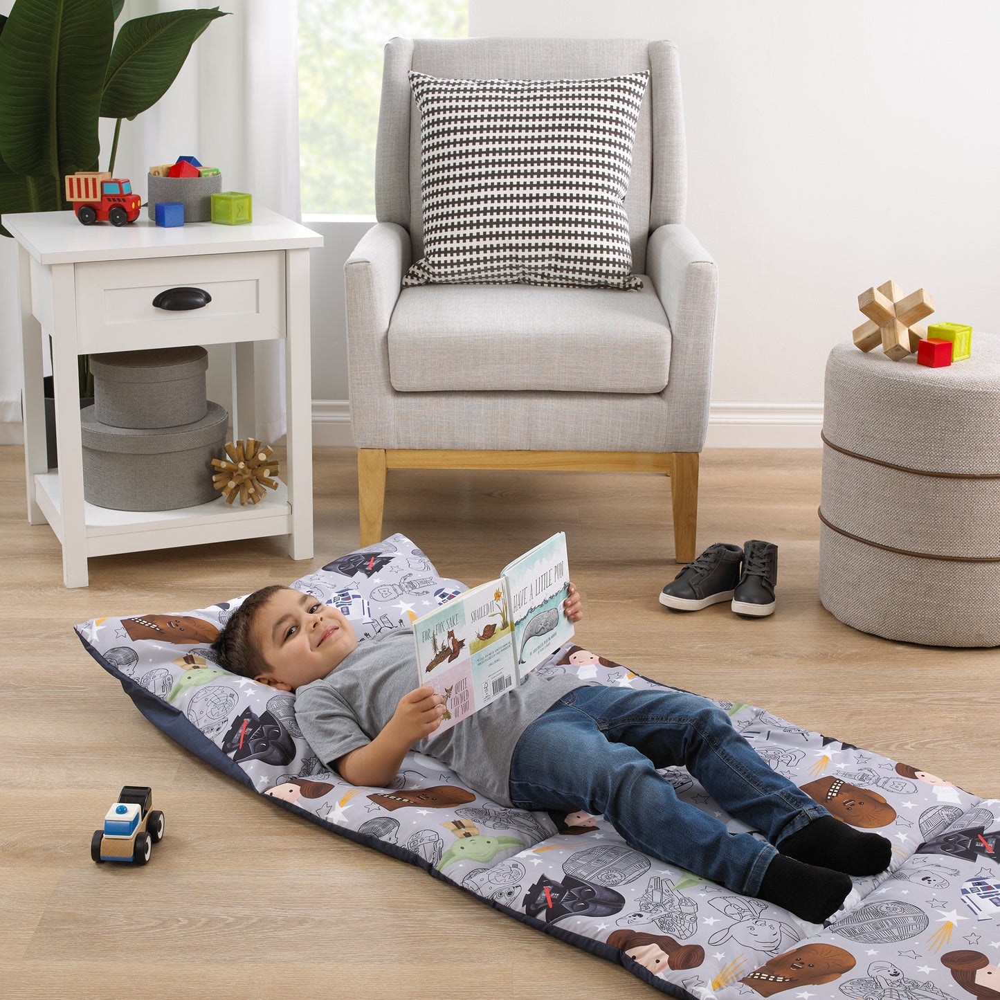 Star Wars Welcome to the Galaxy Navy and Gray Yoda, Princess Leia, R2-D2 , Chewbacca, and Darth Vader Deluxe Easy Fold Toddler Nap Mat