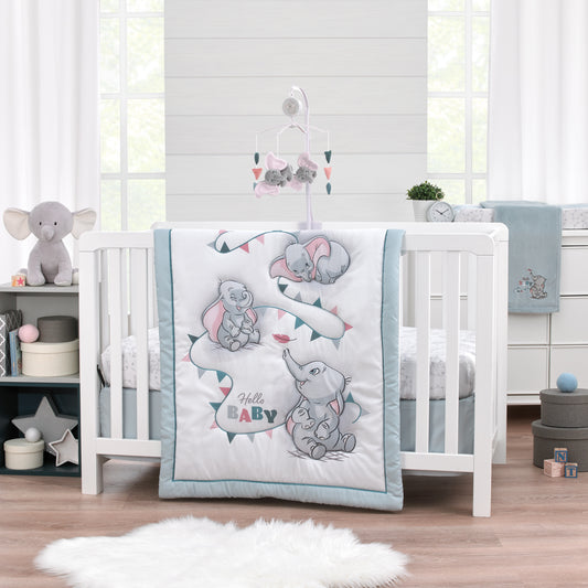 Disney Dumbo Hello Baby Grey and White Circus Banner 3 Piece Nursery Crib Bedding Set - Comforter, Fitted Crib Sheet, and Crib Skirt