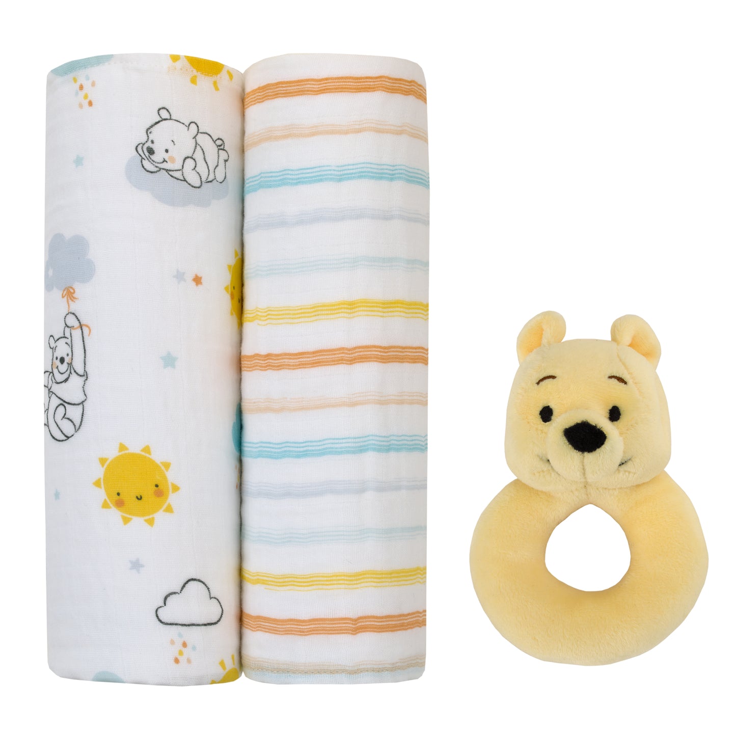 Disney Winnie the Pooh White, Yellow, and Aqua 2Pk 100% Cotton Muslin Swaddles with Plush Rattle