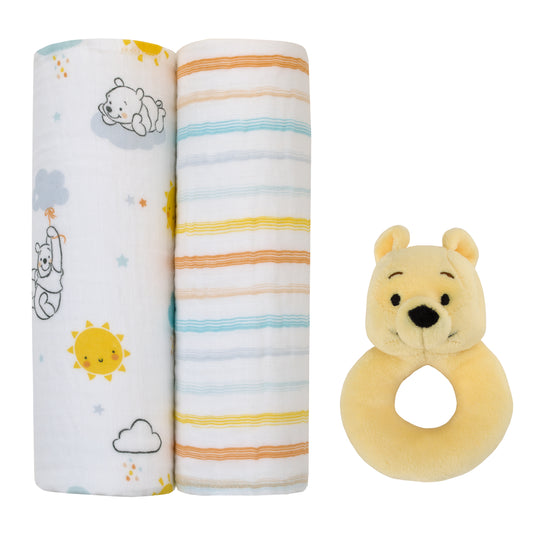 Disney Winnie the Pooh White, Yellow, and Aqua 2Pk 100% Cotton Muslin Swaddles with Plush Rattle