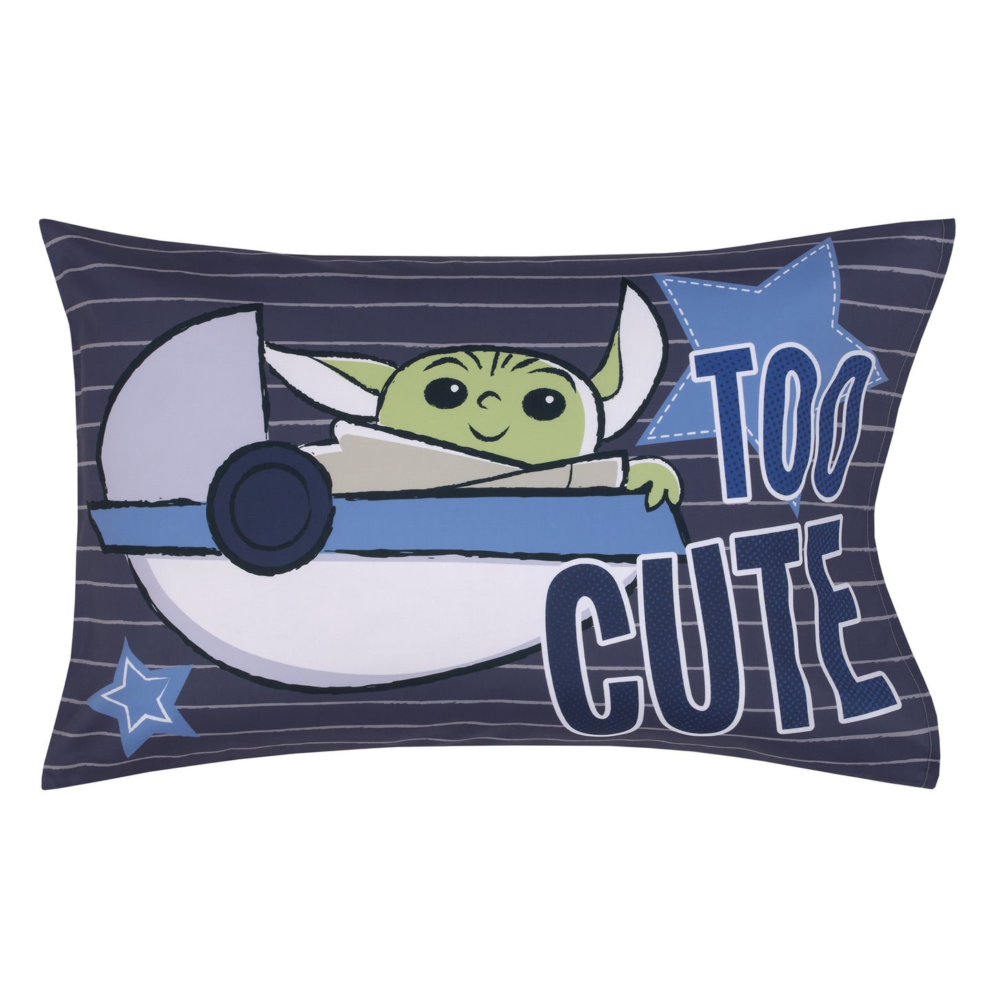 Star Wars The Child Cutest in the Galaxy Blue, Green and Gray, "Too Cute" Grogu, Stars, Hover Pod, and Sorgan Frog 4 Piece Toddler Bed Set - Comforter, Fitted Bottom Sheet, Flat Top Sheet, and Reversible Pillowcase