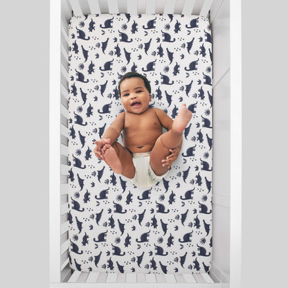 Carter's Dino Adventure Super Soft White and Blue Fitted Crib Sheet