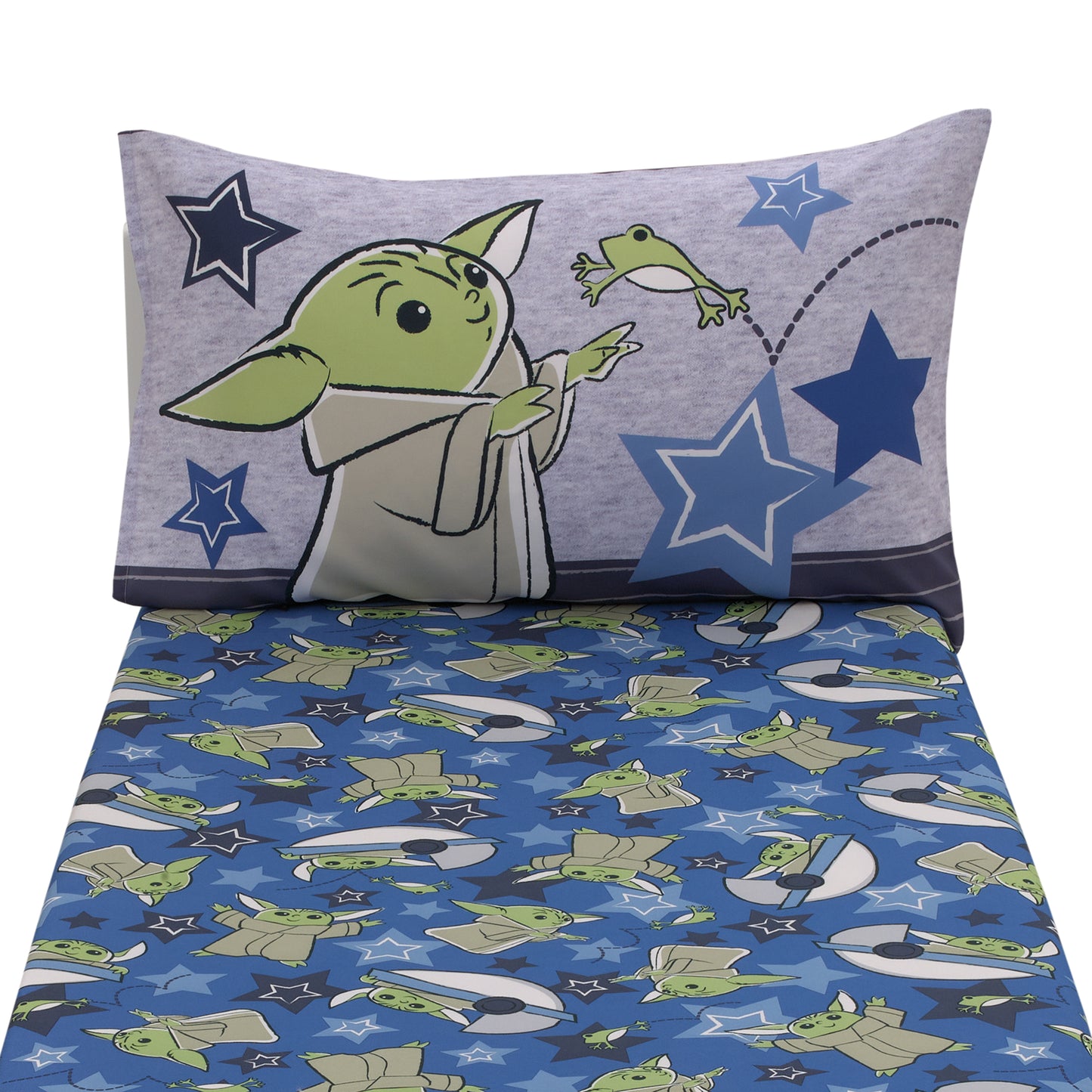 Star Wars The Child Cutest in the Galaxy Blue, Green, and Gray Grogu and Hover Pod 2 Piece Toddler Sheet Set - Fitted Bottom Sheet and Reversible Pillowcase