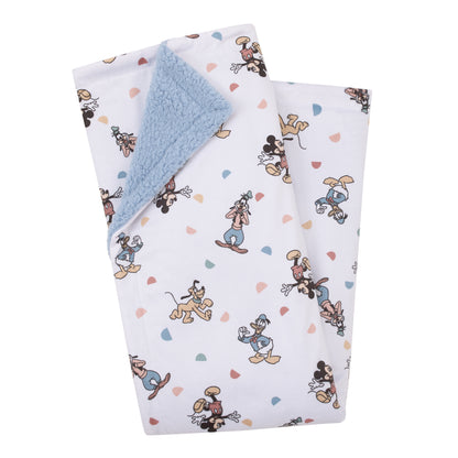 Disney Mickey Mouse Light Blue, White, and Tan Super Soft Sherpa Baby Blanket with Donald Duck, Goofy and Pluto