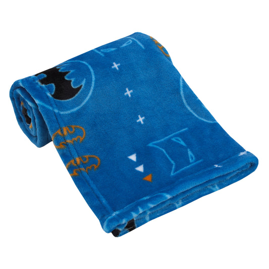 Warner Brothers Batman Blue, Orange, and White with Icons, Emblems, and Triangles Super Soft Baby Blanket