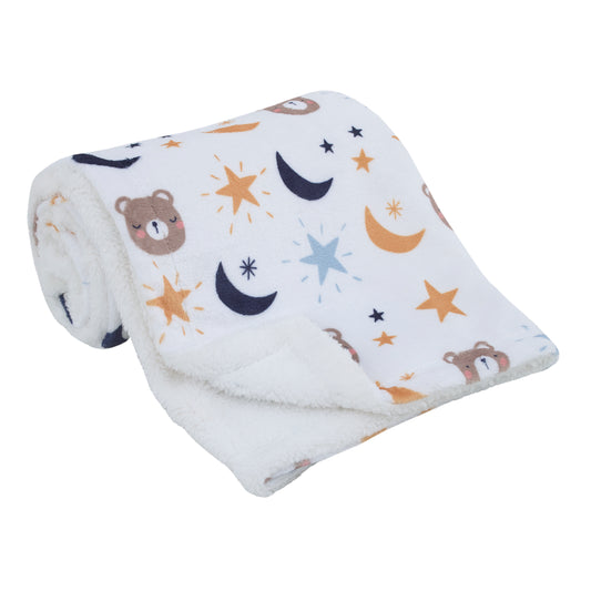 NoJo Goodnight Sleep Tight White Bear, Moon, and Star Super Soft Baby Blanket