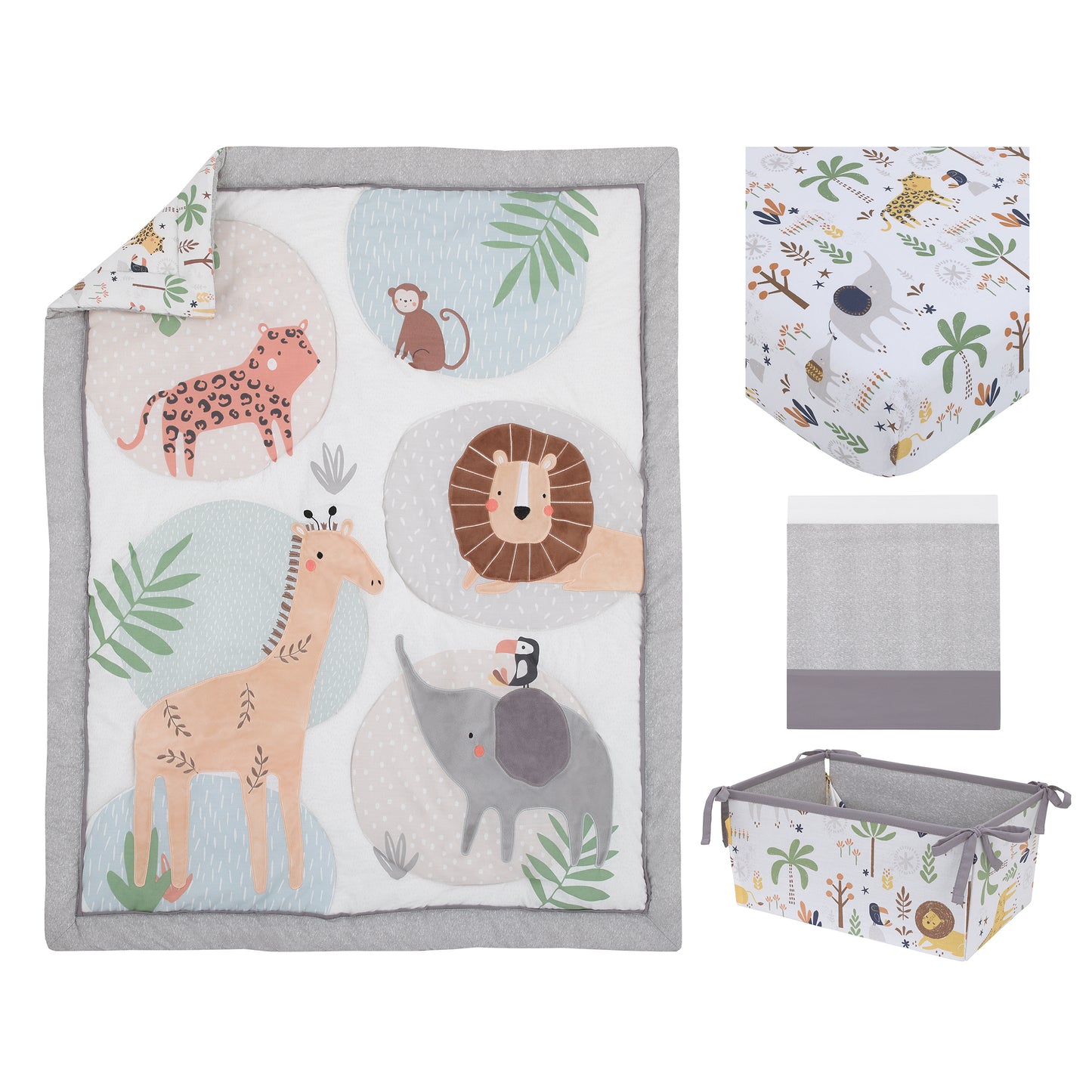 NoJo Jungle Trails Grey, Green and Gold Elephant, Lion and Giraffe 4 Piece Nursery Crib Bedding Set - Comforter, 100% Cotton Fitted Crib Sheet, Crib Skirt, and Storage