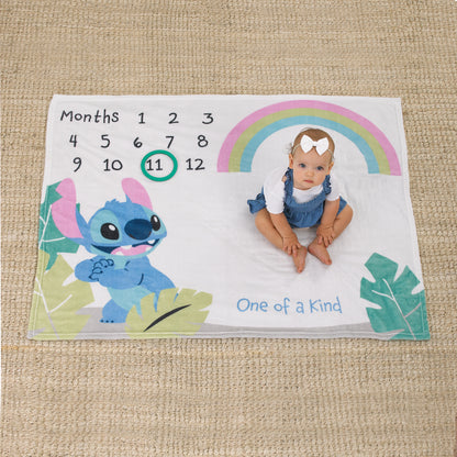 Disney Stitch Blue, Teal, Lime, Pink, and White One of a Kind Super Soft Photo Op Milestone Baby Blanket