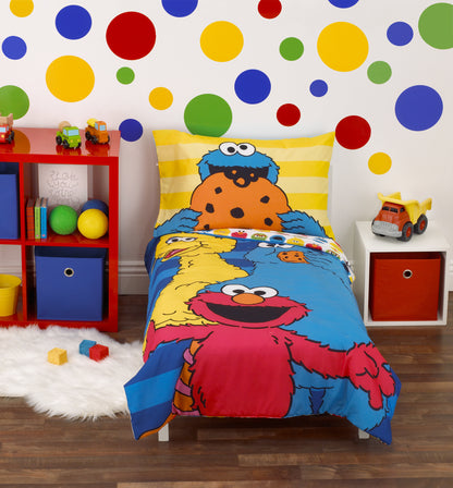 Sesame Street Best Friends Blue, Red, Yellow 4 Piece Toddler Bed Set - Comforter, Fitted Bottom Sheet, Flat Top Sheet, Reversible Pillowcase