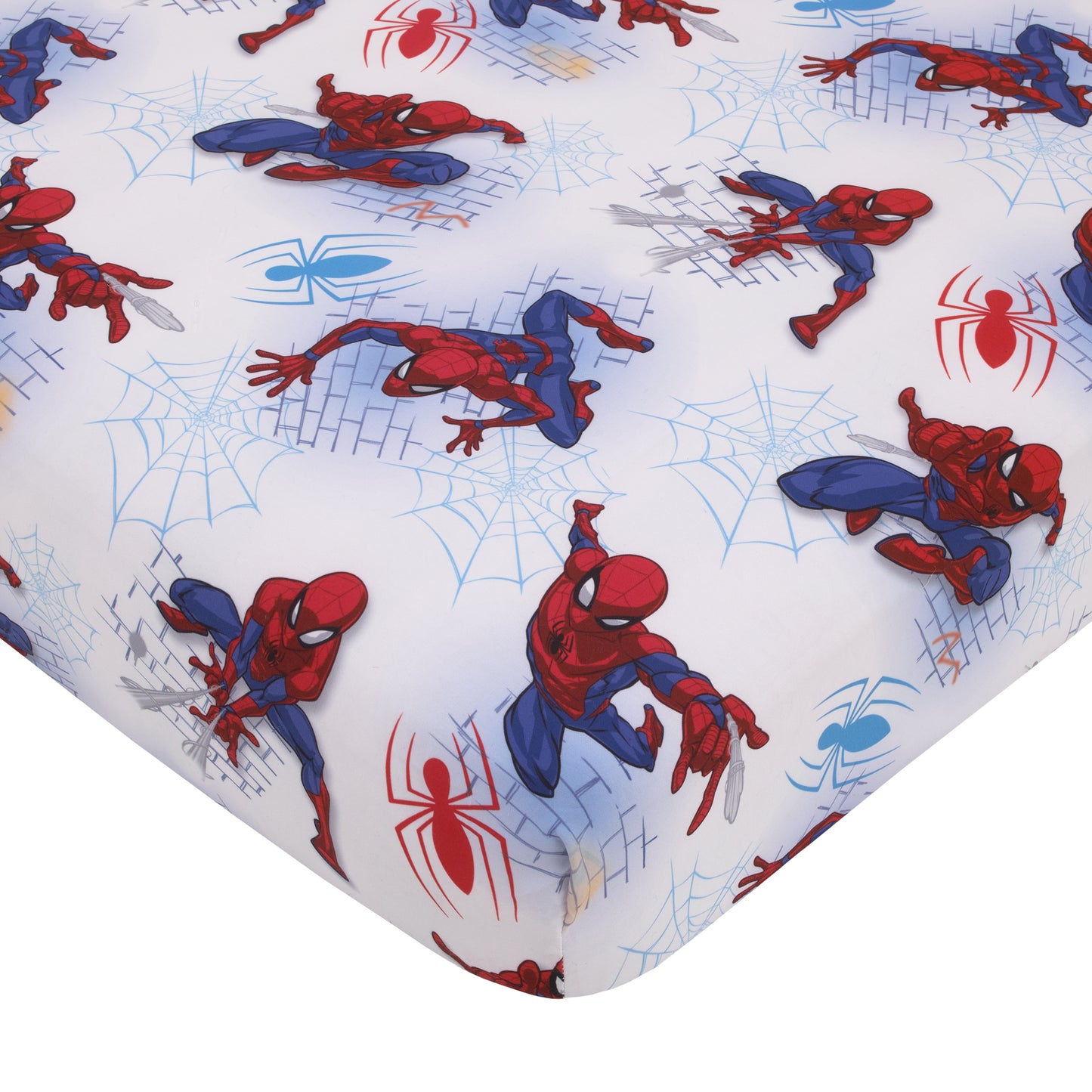 Marvel Spiderman Wall Crawler Red, White, and Blue Spider Webs 4 Piece Toddler Bed Set - Comforter, Fitted Bottom Sheet, Flat Top Sheet, and Reversible Pillowcase
