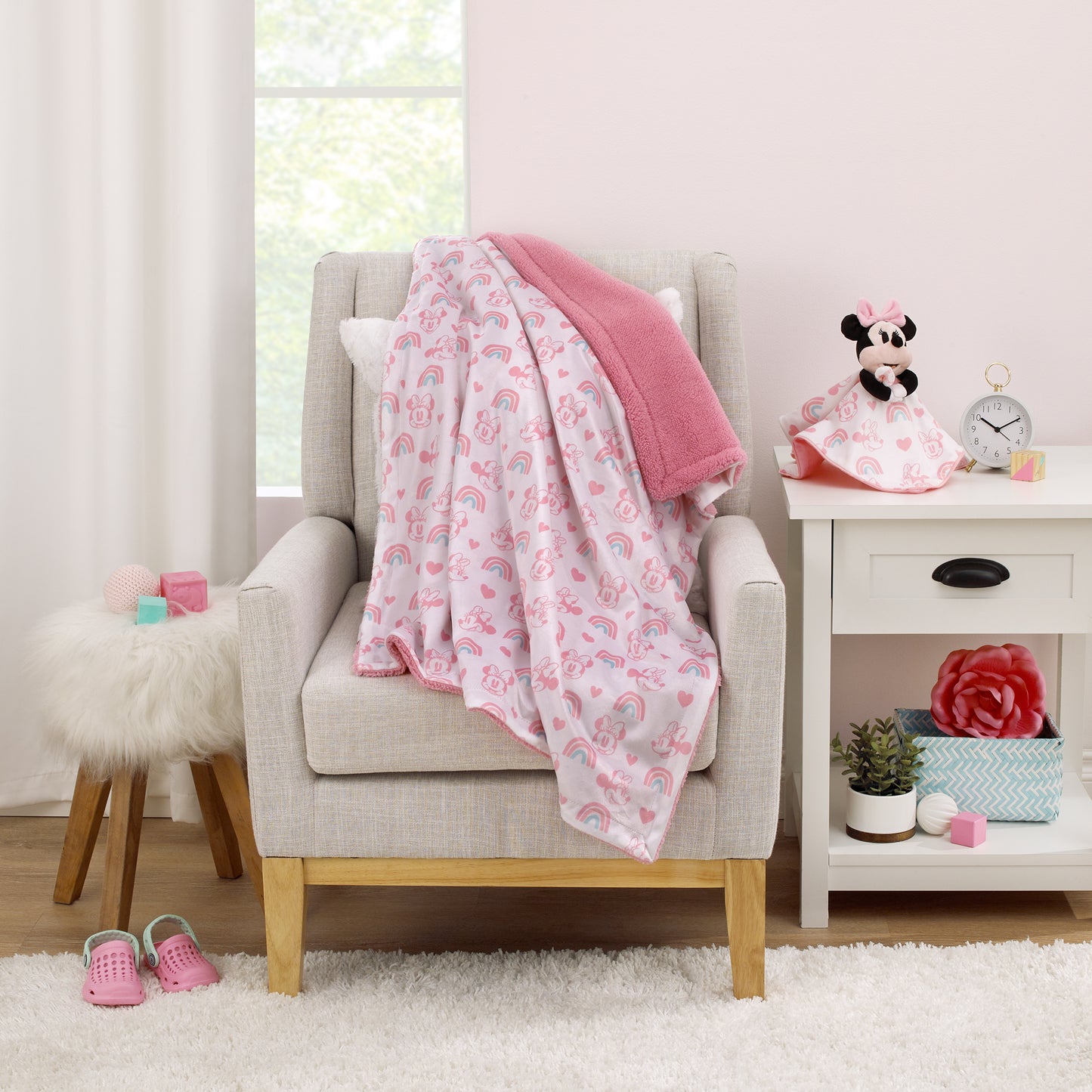 Disney Minnie Mouse White, Pink, and Aqua Rainbows and Hearts Super Soft Sherpa Baby Blanket and Security Blanket 2-Piece Gift Set
