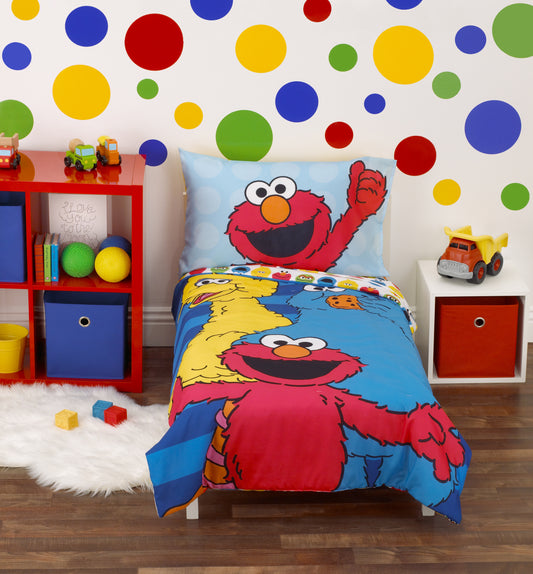 Sesame Street Best Friends Blue, Red, Yellow 4 Piece Toddler Bed Set - Comforter, Fitted Bottom Sheet, Flat Top Sheet, Reversible Pillowcase