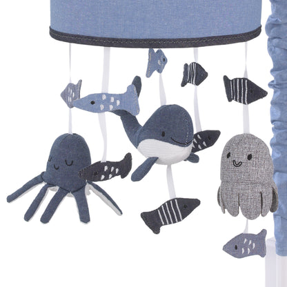 NoJo Marine Navy, Chambray, and Gray Plush Whales, Octopus, and Fishes Musical Mobile