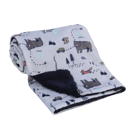 Carter's Woodland Friends Gray and Multi Colored Bear and Fox Squirrel, Tree, Tent, and Campfire Super Soft Baby Blanket
