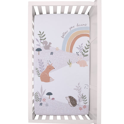 NoJo Woodland Gray, White, Tan, and Gold Rainbow Follow Your Dreams 100% Cotton Nursery Photo Op Fitted Crib Sheet