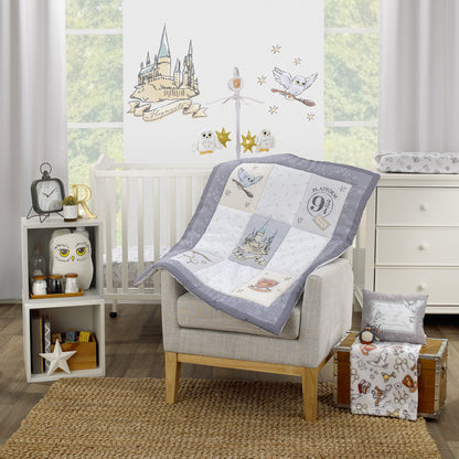 Warner Brothers Harry Potter Magical Moments Grey and White Hogwarts 3 Piece Nursery Mini Crib Bedding Set - Comforter and Two Fitted Mini Crib Sheets