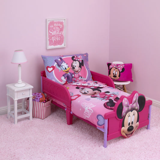 Disney Minnie Mouse Hearts and Bows 4 Piece Toddler Bed Set in Purple, Pink and Turquoise